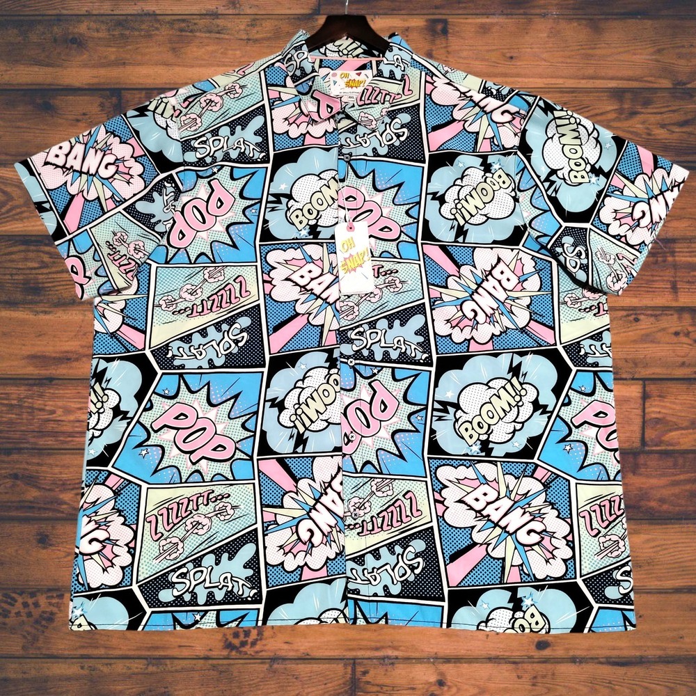 Oh Snap Drill Clothing Button Shirt Men 4XL Colorful Pastel Comics Retro Pop Art